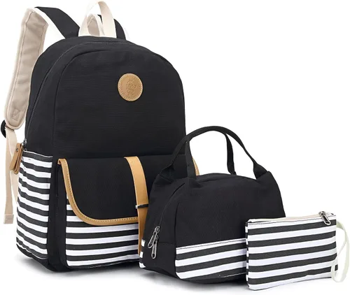 Miniatura 8 de Mochila escolar para adolescentes y mujeres, lindo juego de mochila universitaria de lona a rayas con bolsa de almuerzo, bolsa para lápices