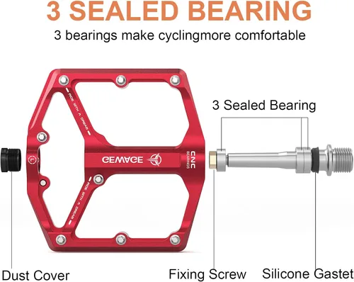 Miniatura 4 de Pedales de bicicleta de carretera/montaña - Pedales de bicicleta de 3 rodamientos - Pedales planos mecanizados CNC de 9/16 pulgadas con clavos Rojo