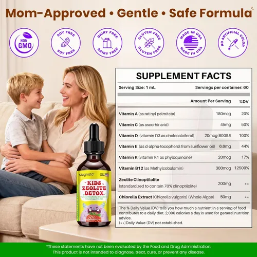 Miniatura 7 de Desintoxicación de zeolita para niños Apoyo neuroinmunológico y de triple acción con zeolita clinoptilolita, clorella y metilo B12 Vitaminas A