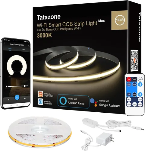 Miniatura 12 de Tatazone Tira de luz LED COB blanca inteligente con aplicación y control remoto, tira de luz COB brillante de 32.8 pies 6500 K WiFi funciona