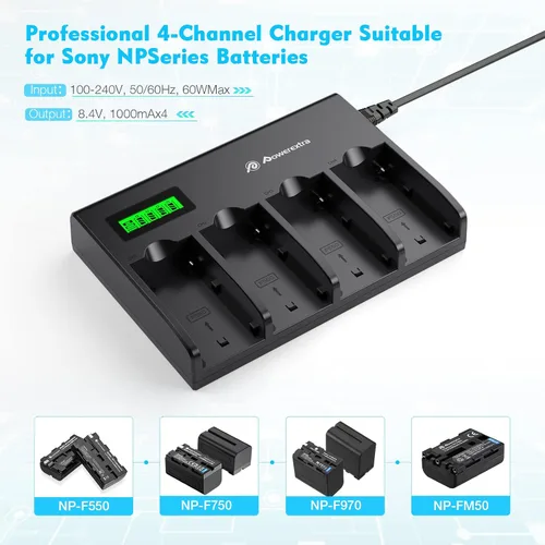 Miniatura 2 de Powerextra Cargador de batería de 4 canales con pantalla LCD para cámara Sony NP-F970, NP-F960, NP-F950, NP-F930, NP-F770, NP-F750, NP-F570, NP-F550