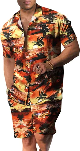 Miniatura 14 de RPOVIG Conjunto de playa a juego con camisas y pantalones cortos para hombre, ropa floral hawaiana para festival, conjuntos de 2 piezas con sombrero