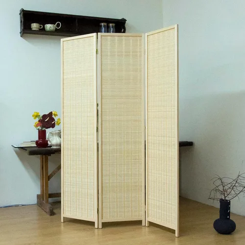 3-Panel Bamboo Room Divider - 5.6 ft Tall Beige Folding Privacy Screen, Double-Sided Freestanding Partition Wall with Natural Wood Frame for Home
