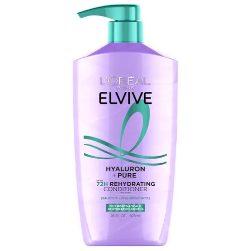 L'Oreal Paris Elvive Hyaluron + Pure 72H Acondicionador rehidratante para cabello graso, acondicionador para cabello con ácido salicílico y ácido