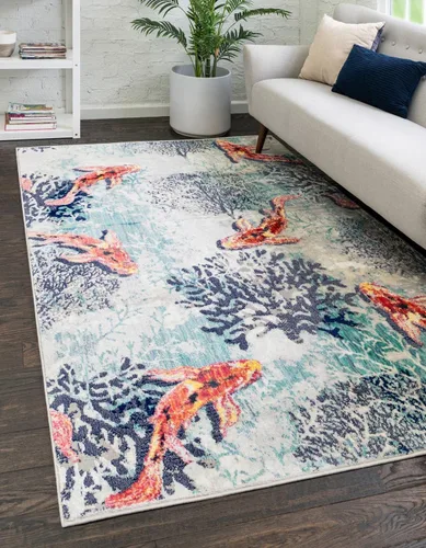 Miniatura 9 de Unique Loom Ariel Collection - Alfombra de área con diseño de pez dorado (4 pies 1 pulgada, redonda, multicolor)