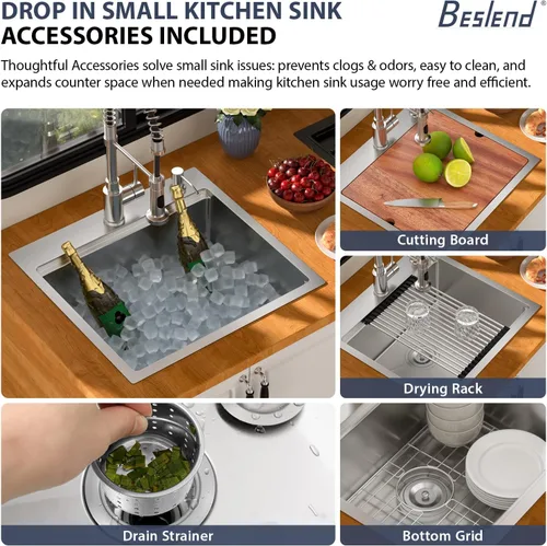 Miniatura 5 de Fregadero de cocina para exteriores, 21 x 20 pulgadas, fregadero de barra para exteriores, fregaderos de cocina de acero inoxidable de montaje