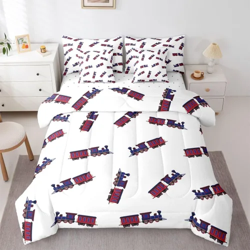 Miniatura 20 de Feelyou Juego de edredón de tren vintage de 7 piezas, diseño retro de motor de vapor para niños y niñas, juego de ropa de cama retro de tren