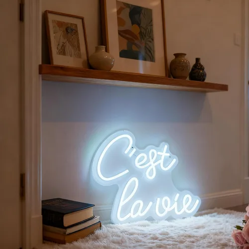 Miniatura 5 de C'est la vie Letrero de neón LED – Luz de neón blanca con texto en inglés «That's Life», alimentada por USB, decoración de mesa de pared