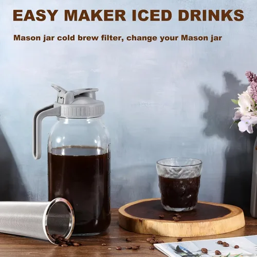 Miniatura 5 de Filtro de café de preparación en frío con tapa de pico vertedor para frasco Mason de boca ancha de 32 oz, colador de acero inoxidable 304 con anillo