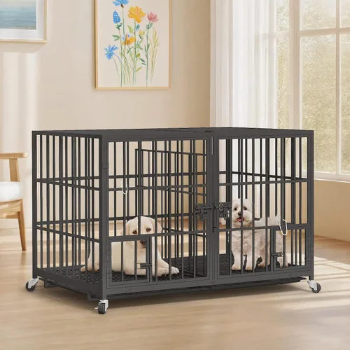 Miniatura 4 de EZ4ENCE Jaula para perros de 48/42/54 pulgadas con divisor para 2 perros, jaula indestructible, diseño resistente, doble puerta y bandeja extraíble