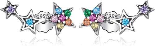Aretes de plata de ley 925 con estrellas, coloridos aretes de circonita cúbica, hipoalergénicos, para niñas y mujeres, en caja de regalo, Plata de