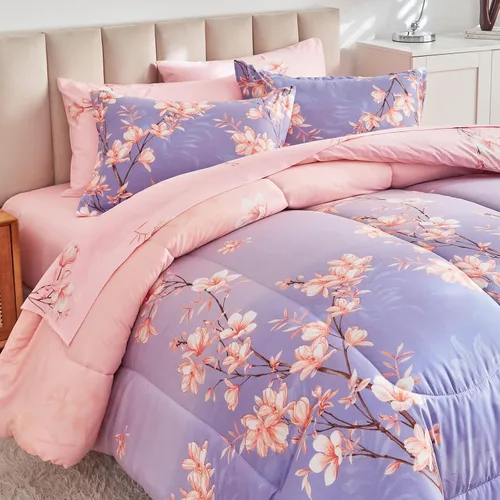 Miniatura 2 de AIKASY Juego de edredón individual rosa y morado claro con sábanas, cama en una bolsa, 6 piezas, diseño de impresión de ramas y flores, juego