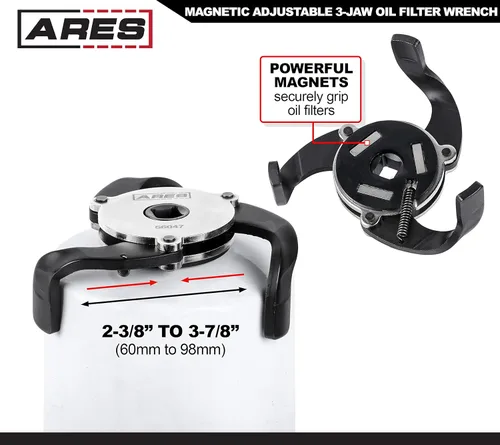 Miniatura 3 de ARES 56047 – Llave de filtro de aceite magnética ajustable de 3 garras – Rango de 2 3/8 pulgadas a 3 7/8 pulgadas (60mm a 98mm) – Uso con trinquetes
