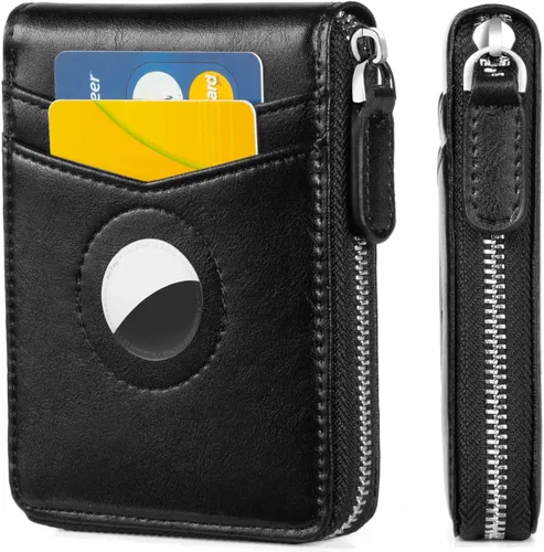 Huztencor Billetera para AirTag, billetera para hombre con cremallera RFID delgada de cuero para tarjetas de crédito con soporte integrado para