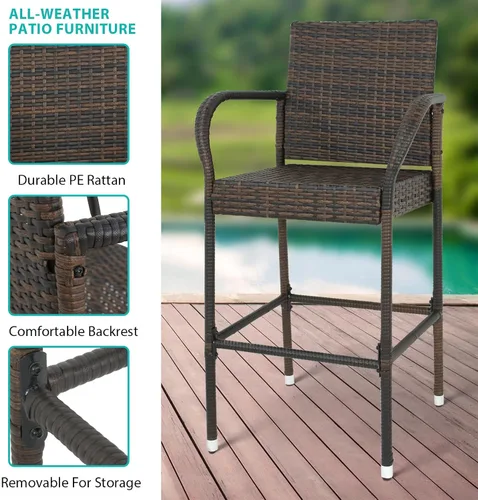 Miniatura 7 de LEMY Taburetes de bar para exteriores, juego de 2 sillas de mimbre para patio, muebles de ratán para interiores con reposabrazos para jardín