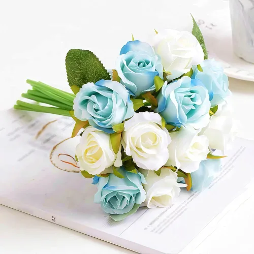 Jasion - Rosas artificiales, arreglo de 12 cabezas, ramo de flores de seda para el hogar, oficina, fiestas, novia y decoración de boda (Azul y