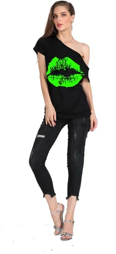 Miniatura 42 de MAGICMK - Camiseta casual para mujer, con estampado de labios y hombro descubierto, talla extragrande