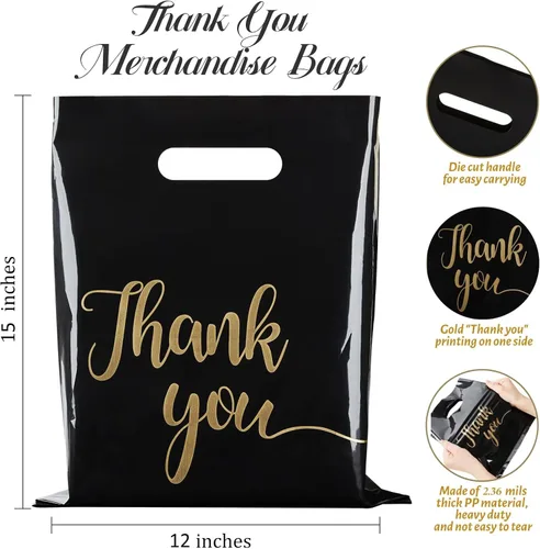 Miniatura 2 de ZORRITA Paquete de 100 bolsas de agradecimiento para pequeñas empresas, bolsas de plástico de 12 x 15 pulgadas con asas, bolsa de mercancía al por