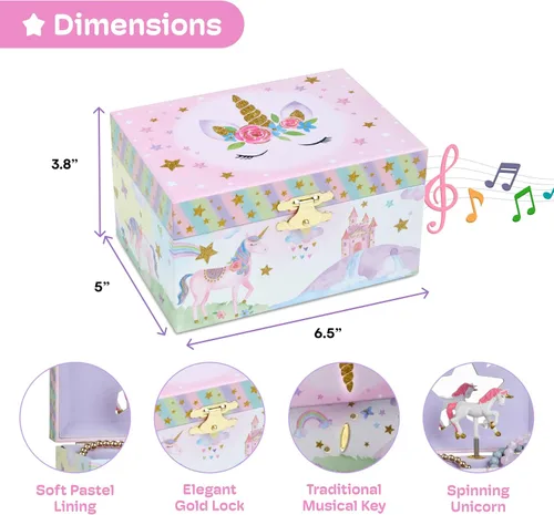 Miniatura 3 de Jewelkeeper - Joyero musical para niñas con unicornio giratorio, caja de música con diseño de arcoíris y estrellas con purpurina para collares