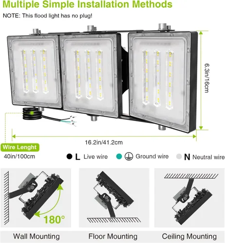 Miniatura 5 de Luces LED de inundación para exteriores, 150 W, 15000 lúmenes, 6000 K, del anochecer al amanecer, iluminación exterior con fotocélula IP66