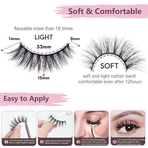 Miniatura 3 de Pestañas de ojo de aspecto natural 3D visón pestañas naturales 0.591 in 12pares de ojos de gato ligeras reutilizables pestañas postizas paquete