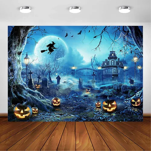 Avezano Telón de fondo para fotografía de Halloween, luna llena, noche aterradora, castillo, calabazas, fondo de fiesta, espeluznante, bruja, Azul