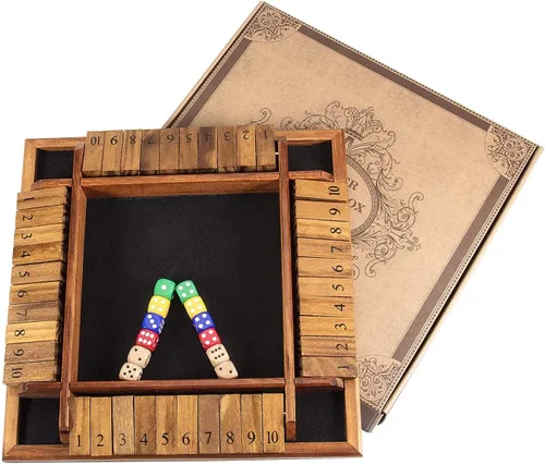 Miniatura 5 de AMEROUS Juego de dados Shut The Box para 1-4 jugadores, juego de mesa de madera con 12 dados e instrucciones de cierre de caja para niños y adultos