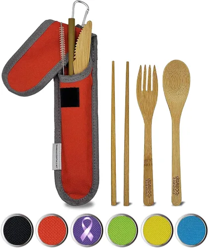 Miniatura 9 de Utensilios de viaje con estuche, tenedor, cuchillo, cuchara, palillos, pajilla, cepillo de limpieza para pajilla, bolsa de viaje y mosquetón, Negro