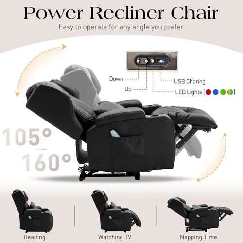 Miniatura 4 de Sillas reclinables eléctricas para adultos con masaje y calor, silla reclinable individual de piel sintética, sofá reclinable reclinable para cine
