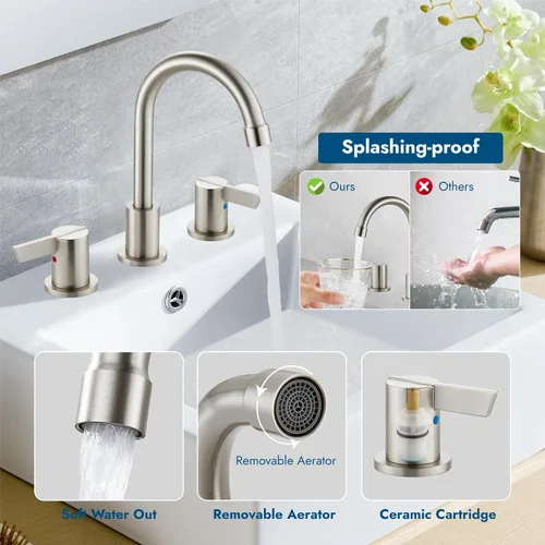 Miniatura 3 de Grifo de lavabo de baño de 3 agujeros, 8 pulgadas, grifo de baño de 2 manijas de acero inoxidable SUS304 con drenaje emergente y líneas de Níquel