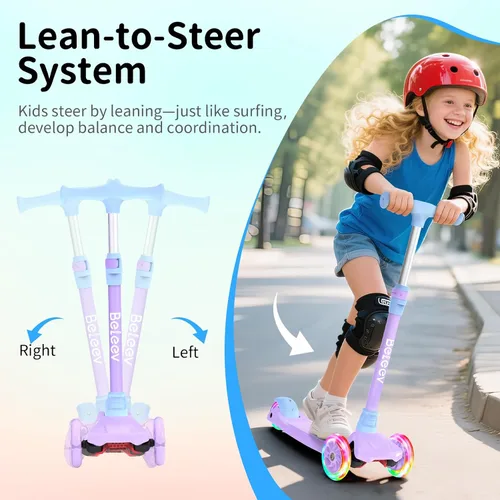 Miniatura 4 de BELEEV Patinetes para Niños de 3 Ruedas Patinete de Empuje para Niños Pequeños Niñas y Niños, 4 Alturas Ajustables, Inclinarse para Dirigir, Ruedas