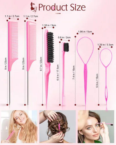 Miniatura 3 de Aigee Juego de 8 Peines para Peinado Incluye 4 Herramientas Topsy para Cola de Cabello de 2 Estilos de Peine Cola de Rata, 1 Cepillo de Cerdas