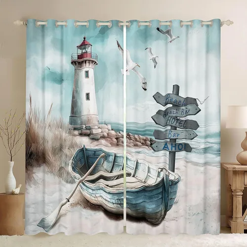 Miniatura 13 de Erosebridal Nautical Lighthouse Blackout Curtains 30-50% Navigation Theme Curtains for Women Men Watercolor Seascape Window Treatments Coastal Night
