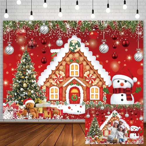 AIBIIN Fondo de Navidad de casa de jengibre de 7 x 5 pies para fotografía, árbol de Navidad, muñeco de nieve, Papá Noel, suministros de decoración