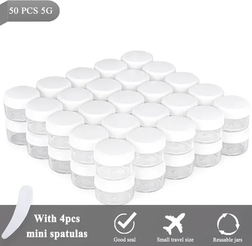 Miniatura 5 de 50 piezas de 5 gramos de envases de muestra, tarros vacíos de 5 ml con tapas, pequeños envases cosméticos, tarros de muestra mini con 4 piezas