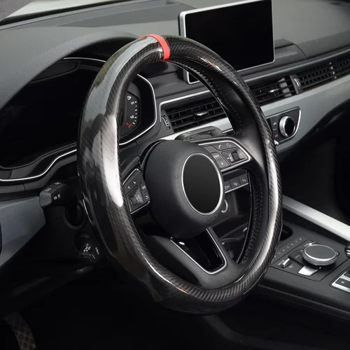 Miniatura 6 de ZHOL - Funda para volante de fibra de carbono, tamaño estándar universal de 37-38 cm, accesorios de moda y deporte para volante de coche para Negro