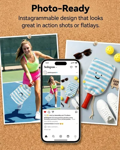 Miniatura 8 de Funda de paleta de pickleball de ganchillo para regalo, funda hecha a mano para mujeres y hombres, bonitos accesorios con bolsa de prensa, lista Azul