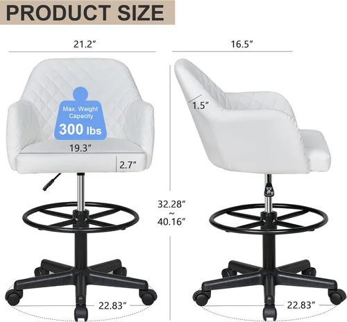 Miniatura 2 de VECELO Silla de dibujo de piel sintética con respaldo bajo y reposapiés, altura ajustable, ruedas giratorias, para dibujo/escritorio de pie/oficina