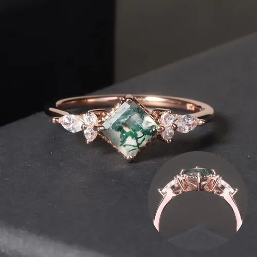 Miniatura 2 de Gem's Beauty Anillos de compromiso de ágata musgo verde de 14 quilates, oro rosa de 14 quilates, plata de ley 925, anillo de compromiso de tres