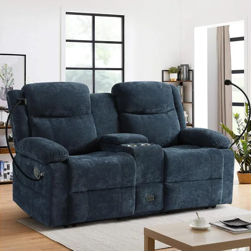 Miniatura 12 de Sofá biplaza reclinable manual con soporte ajustable de 360°, almacenamiento de consola central con carga tipo C y USB, reposacabezas ajustable