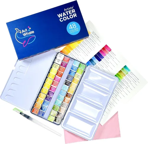 Juego de pintura de acuarela de 48 colores en caja de lata con cepillo de agua, pigmentos de grado profesional, mezcla suave, portátil y apto para