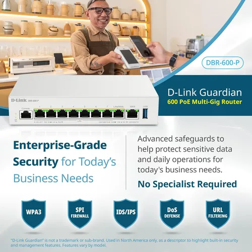 Miniatura 8 de D-Link Guardian 600 PoE Multi-Gig Business Router (DBR-600-P), enrutador premium con conmutación por error Multi-WAN, cortafuegos SPI, LAN PoE+ de 8