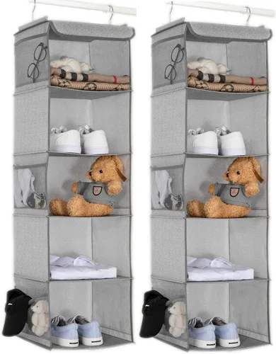 Miniatura 17 de BrilliantJo Organizador colgante de armario con 5 estantes, 2 paquetes de almacenamiento colgante con 6 bolsillos laterales para ropa y zapatos, 43