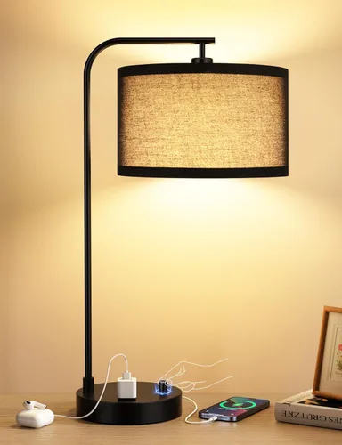 Miniatura 12 de Innqoo Lámpara de mesa alta con puerto USB y tomacorriente, lámparas de mesita de noche regulables con pantalla de lino, lámpara de escritorio
