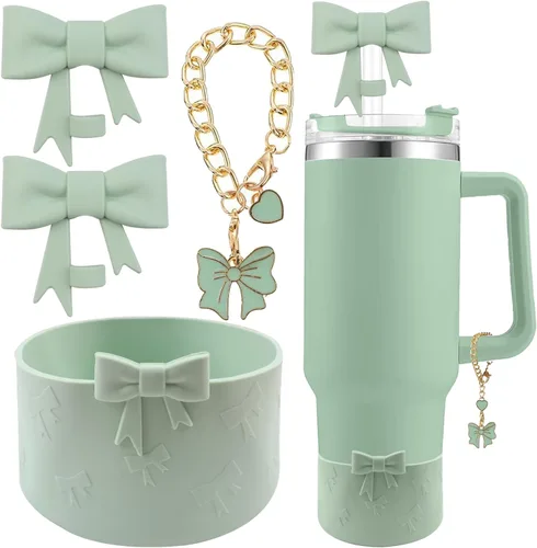 Miniatura 15 de Conjunto de accesorios para taza Hpebl para Stanley, incluye 2 tapas de pajita con moño lindo de 10 mm, tapones reutilizables para pajita, 1 funda