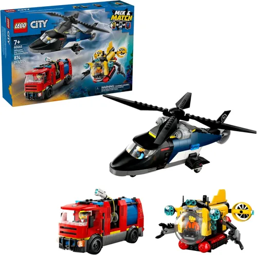 LEGO City Helicopter, camión de bomberos y submarino Remix juguete para niños, 3 juguetes de construcción en 1 para niños y niñas, a partir de 7