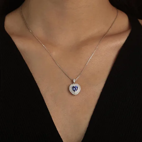 Miniatura 5 de Collar Heart of the Ocean Colgante de zafiro azul y moissanita cultivado en laboratorio, plata de ley 925 chapada en oro blanco de 18 quilates