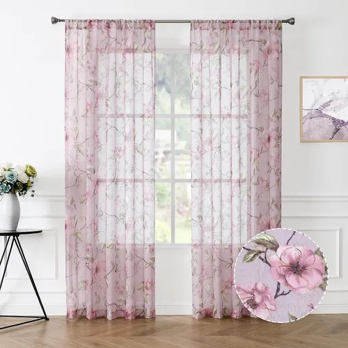 Miniatura 9 de Tollpiz Cortina Corta Transparente de Nivel Beige con Estampado de Hojas y Flores, Bordado Floral, Cortinas de Media Ventana Transparentes