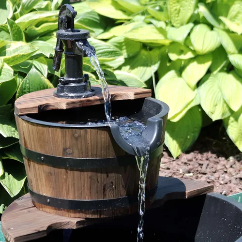 Miniatura 9 de Sunnydaze - Fuente de agua de barril de madera de 2 niveles, fuente de bomba de agua vintage de 23 pulgadas con bomba sumergible, para jardín