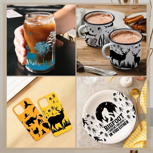 Miniatura 5 de Adhesivo UV DTF para taza, 8 hojas de transferencia DTF UV de animales para vidrio de 16 onzas, estilo bosque negro, lobo, ciervo, jirafa, elefante